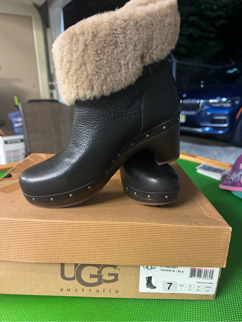 UGG Black Leather Shearling Clog Boots with Cream Cuff